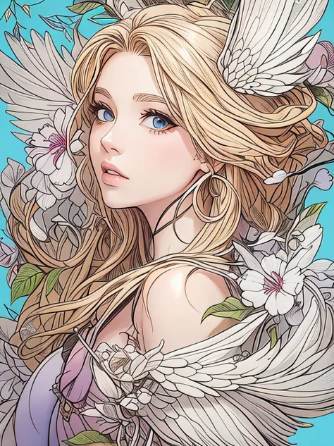 a colorized image of a girl with blond hair, blue eyes, white wings, pink flowers, green leaves on the blue background