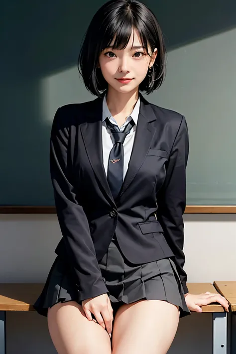 a one girl, Female, 17, Black bob cut, Cute, friendly, approachable, slightly naive look, easy to approach, Big, black eyes, Clear, healthy skin with a slight blush, Korean school uniform (skirt, blazer, tie), Smiling with closed lips, warm, slightly shy e...