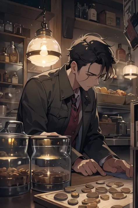 Location: Café interior at night, dim lighting. Visual: wide full shot of 20 aged man, black hair, tired and emotionless, pockets jingling with coins.