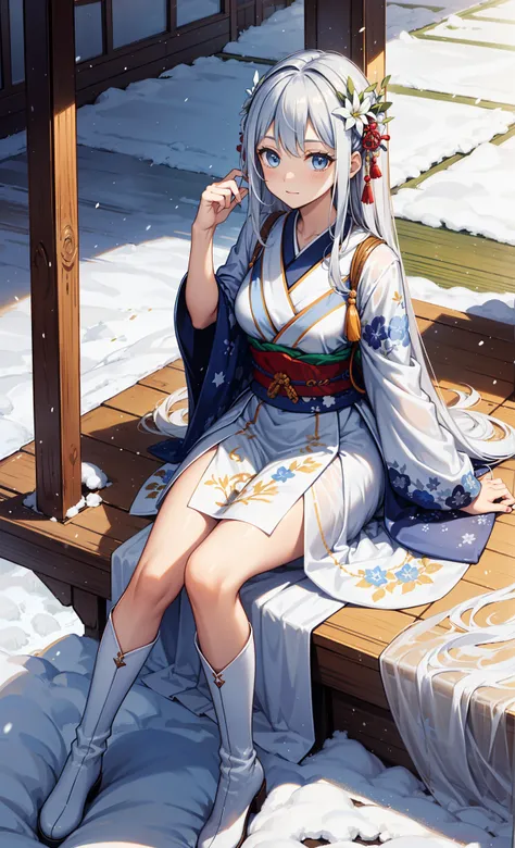 saint，Attractions，have fun，in love，(Western Magic White Dress)，Silver Hair，Blue Eyes，Suitable for transparent clothes，Decoration of saint，Sky blue cloth，snow花图案，Sky blue pattern，snowy night，Transparent lace，Exquisite clothing，Sitting，The only person，Japane...