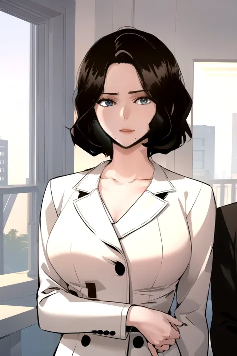 masterpiece, best quality, absurdres, perfect anatomy, beautiful background, beautiful face, beautiful eyes, beautiful body, upper body, shinjiye, 1girl, solo, looking at viewer, happy, short hair, large breasts, black hair, sitting, collarbone, upper body...