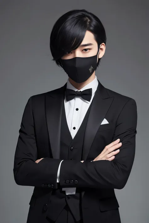 Whole body image、Man、Im wearing a suspicious mask on my face、Black suit、 black gloves、Anime Style