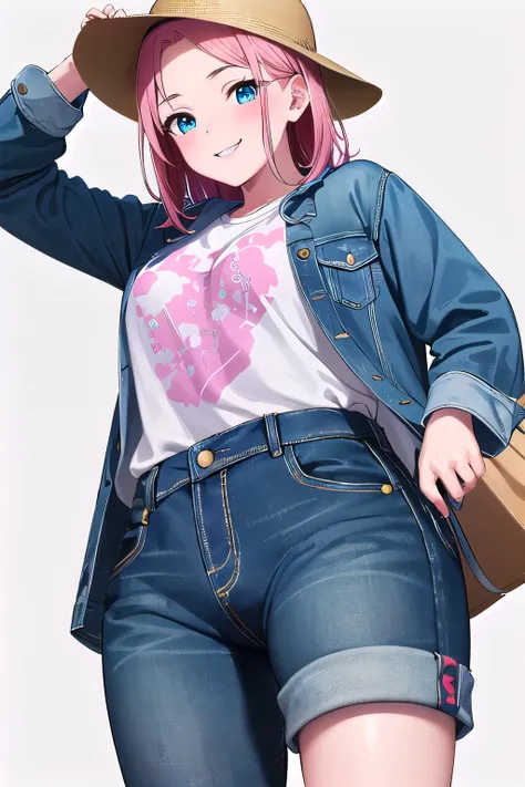 1girl,Samus aran,solo,blue eyes, pink hair, forehead hair, 
Oversized graphic T-shirt, Baggy jeans, Denim jacket, White sneakers, Bucket hat,cowboy shot,blush,,Science fiction,ultra-detailed,sharp focus,aesthetic,(best quality), white background, erotic sm...