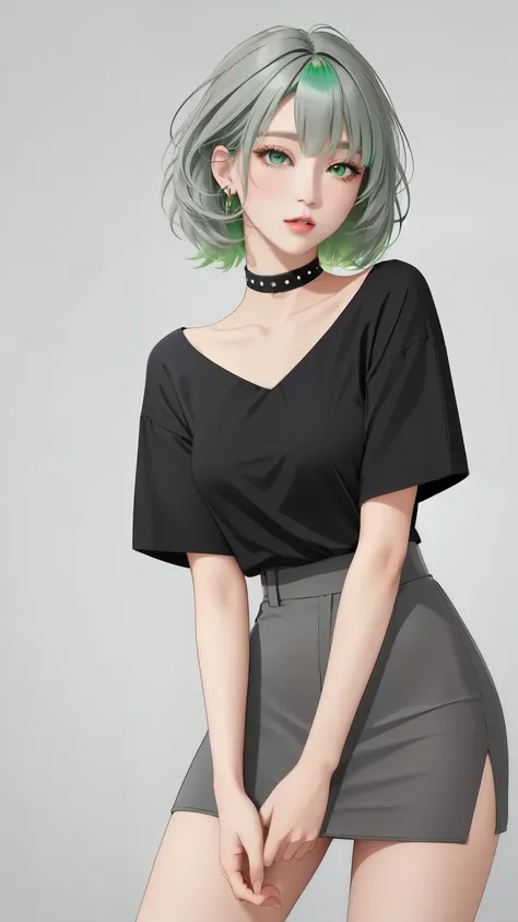 woman　 rock outfit　punk　image color　green　grey hair　slit eyes　 standing above the knee　black clothing　green色のアクセサリー　green eyes　n...