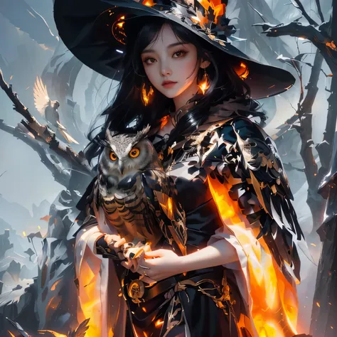  black-haired witch with amber eyes ,  with owl in her hands , by Yang J, fantasy art style, the evil fire witch, uma the evil fire witch,  owl sorceress , classic witch, the evil fire witch, bright witch,  beautiful heavenly wizard , the evil fire witch, ...