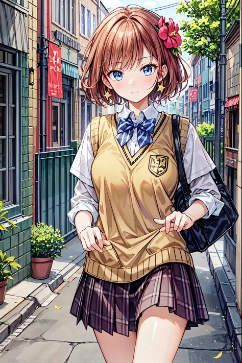 [ph Peach, Peach, ふPeach, Alone,  1 girl,  Brown Hair, short hair,  hair flower , Sweater vest,   school uniform with narrow eye space , Big Eyes,  Plaid Skirt, 黒の太Peachハイソックス, Peace Sign ,  and embarrassed， Your enchanting gray-blue eyes shine like stars，...