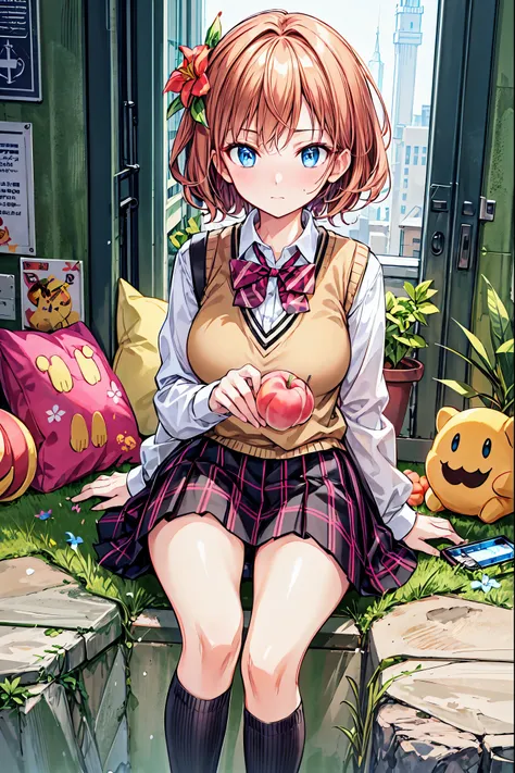 [ph Peach, Peach, ふPeach, Alone,  1 girl,  Brown Hair, short hair,  hair flower , Sweater vest,   school uniform with narrow eye space , Big Eyes,  Plaid Skirt, 黒の太Peachハイソックス, Peace Sign ,  and embarrassed， Your enchanting gray-blue eyes shine like stars，...