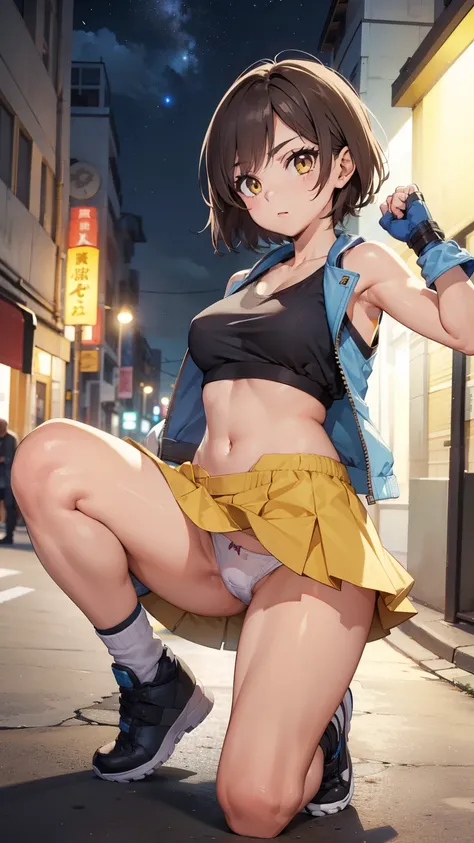 Street Dancer,  short hair, Brown Hair, Yellow glowing eyes, Perfect Lips,  Cute expression, Cute face,  cute pose,  fingerless gloves, gun, Tank tops,  jacket,  cute pose, Ultra detailed face, Long eyelashes, Sharp Eye , Full Body Shot, Dynamic Viewer, Ni...