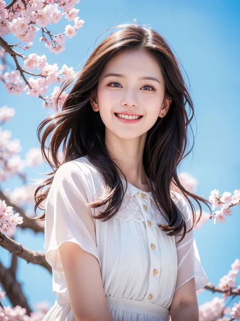 Best Quality　masterpiece　detailed　A super cute girl is smiling and watching the scattered cherry blossoms shining brightly in the backlight　Blue sky background　Photo style　 fantastic　 Dramatic Effects 　 Fantasy 