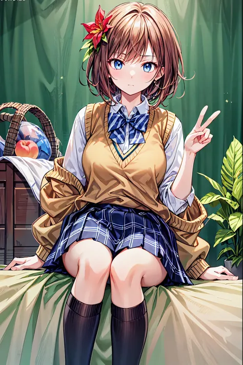 [ph Peach, Peach, ふPeach, Alone,  1 girl,  Brown Hair, short hair,  hair flower , Sweater vest,   school uniform with narrow eye space , Big Eyes,  Plaid Skirt, 黒の太Peachハイソックス, Peace Sign ,  and embarrassed， Your enchanting gray-blue eyes shine like stars，...