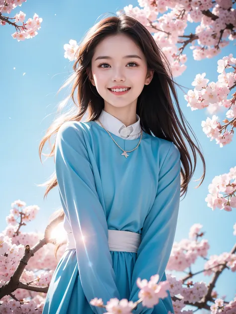 Best Quality　masterpiece　detailed　A super cute girl is smiling and watching the scattered cherry blossoms shining brightly in the backlight　Blue sky background　Photo style　 fantastic　 Dramatic Effects 　 Fantasy 