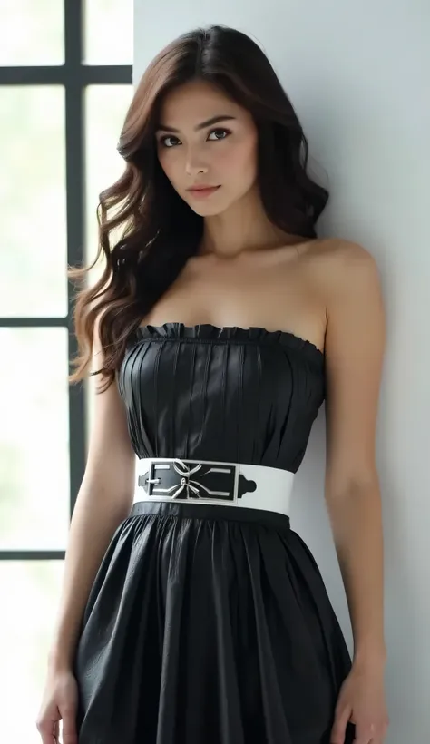 a stunning woman stands poised in a strapless black leather dress, highlighted by a bold white belt. her dark brown hair flows l...