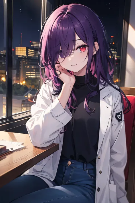 ((Best Quality)), ((masterpiece)), (detailed),hair over left eye,dark purple hair,long hair,red eyes,white long science coat,dark blue jeans,sitting in a chair,hand on own chin,smile,left eye hidden,night,hair on one eye、hide one eye with bangs,sick,pixiv ...