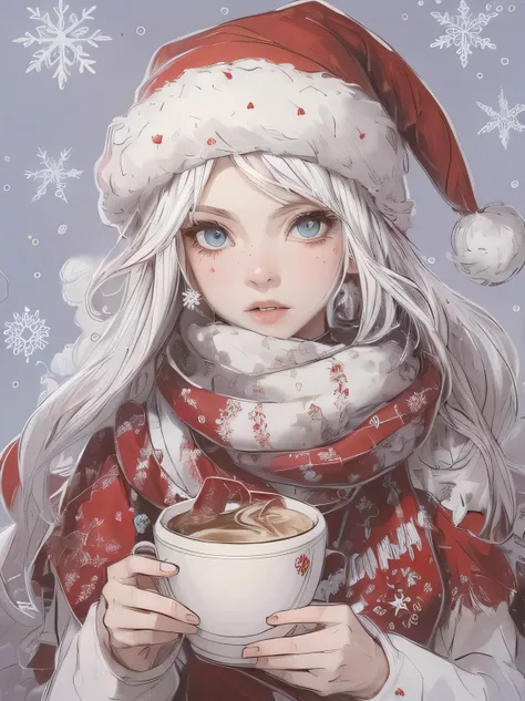 girl with white hair, santa`s red and white hat, red and white scarf holding white cup of coffee on the blue background with white snowflakes