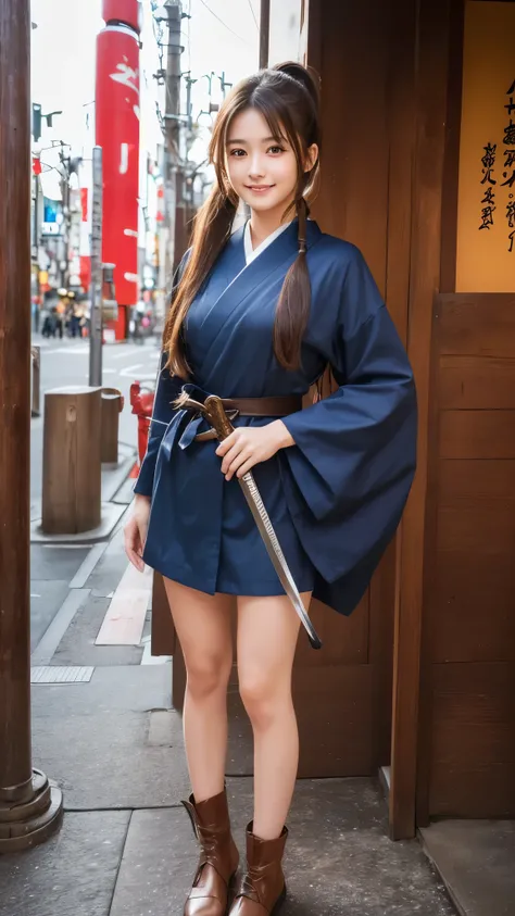 (8k, Photo quality), ( beautiful Japanese woman, age17), Shrine maiden, (Full body image, Model body type, Stand with a sword), (Dark brown long hair,  ponytail), Deep blue eyes, Perfectly sculpted face, A kind smile,  viewers, Tokyo,