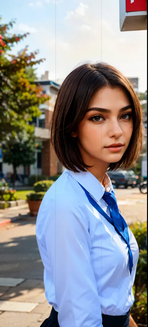 ((Portrait)), ((Sad: 1,5)), ((face focus)). A young high school student standing, dressed in school uniform, (bob hairstyle). The student appears from the front, reflecting a confident and serene posture. The scene uses bright, vibrant colors to create an ...