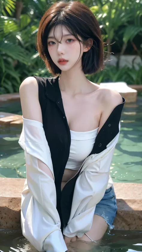 High quality，2k，Beautiful woman，Whole body：1.6，（（Imagine：1.4）），In the sea of flowers，Skinny jeans：1.6，Big breasts：1.6，包裹Big breasts的短袖，Swimming pool background，Snow-white and clear skin，Cold and ruthless expression，Obvious vest line，Have a perfect body：1.4...