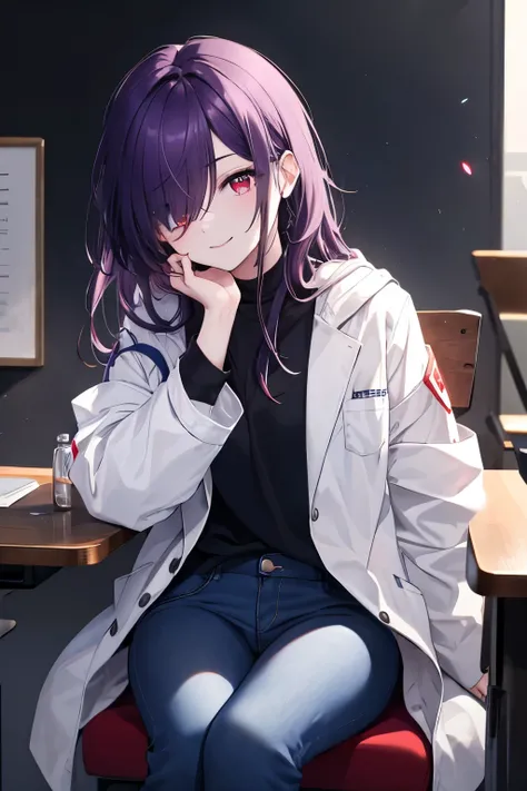 ((Best Quality)), ((masterpiece)), (detailed),hair over left eye,dark purple hair,long hair,red eyes,white long science coat,dark blue jeans,sitting in a chair,hand on own chin,smile,left eye hidden,hair on one eye,hide one eye with bangs,sick,pixiv illust...