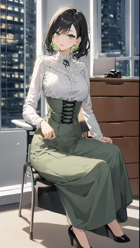 "office lady sitting at a desk, height 163cm, business chic, victorian blouse, slender 63cm waist, full 93cm hips, shapely legs, clear fair skin (RGB: 255, 233, 209), oval face with soft features, almond-shaped eyes (light green) with double eyelids, strai...