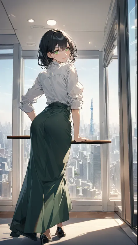 "office lady sitting at a desk, height 163cm, business chic, victorian blouse, slender 63cm waist, full 93cm hips, shapely legs, clear fair skin (RGB: 255, 233, 209), oval face with soft features, almond-shaped eyes (light green) with double eyelids, strai...