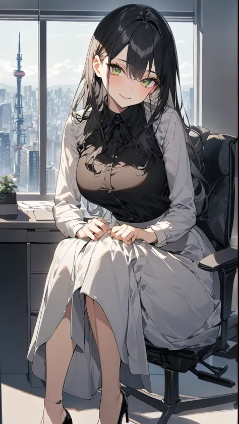 "office lady sitting at a desk, height 163cm, business chic, victorian blouse, slender 63cm waist, full 93cm hips, shapely legs, clear fair skin (RGB: 255, 233, 209), oval face with soft features, almond-shaped eyes (light green) with double eyelids, strai...