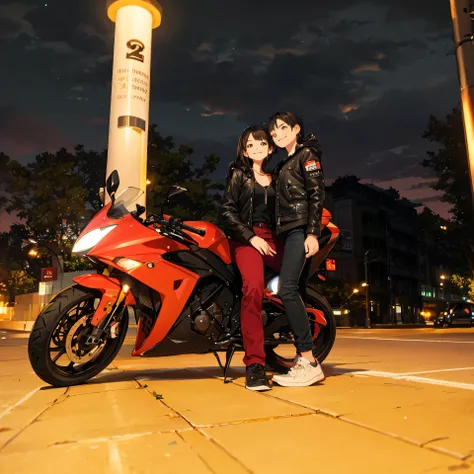 they are posing for a picture with their motorcycle in the street, nigth, by Nándor Katona, sitting on a motorcycle, by Victoria Francés, taken with sony alpha 9, touring, taken in 2 0 2 0, taken in the night, by Luis Miranda, by Luis nari, photo taken at ...