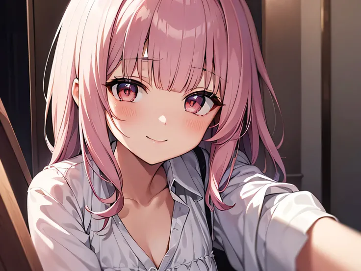 masterpiece、white pink hair、Close-up of face、seductive smil、medium hair,hime cut,blunt bangs,Brown eyes、indoors,abstract background、Dark Room、Ruffled shirt