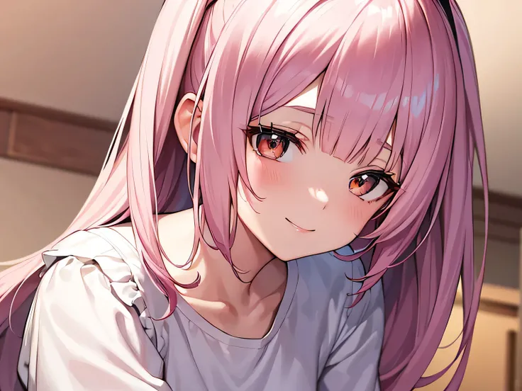 masterpiece、white pink hair、Close-up of face、seductive smil、medium hair,hime cut,blunt bangs,Brown eyes、indoors,abstract background、Underexpose Lighting、Ruffled shirt