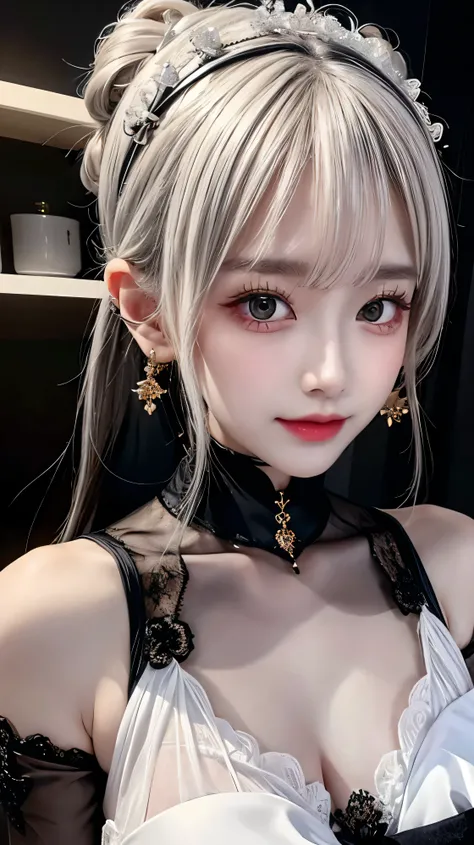 A white haired girl,  her hair bunned up, has gray eyes, wearing an elegant black Tulle lace dress and long gloves, wearing golden earrings,Mizuki_Lin, close up to sagging breasts, , 