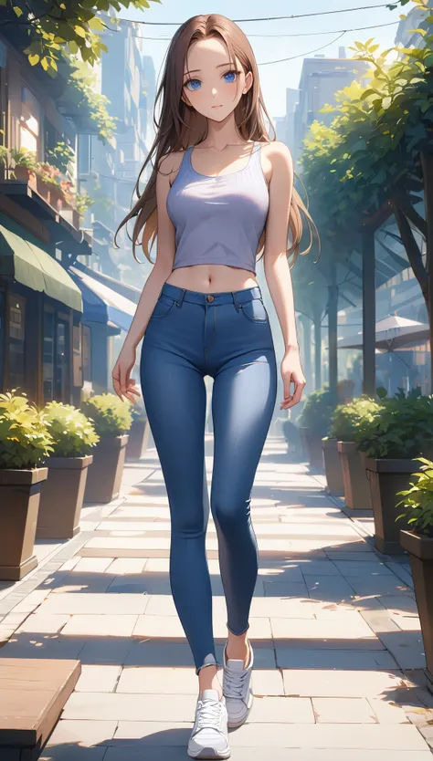 A young woman with dazzling blue eyes and lovely long brown straight hair with slender figure:1.1 and medium breast is standing. Her facial is casual and relaxed. She is wearing a (blue skinny jeans:1.5) and (grey tanktop:1.2) with (white sneakers:1.2). Ou...