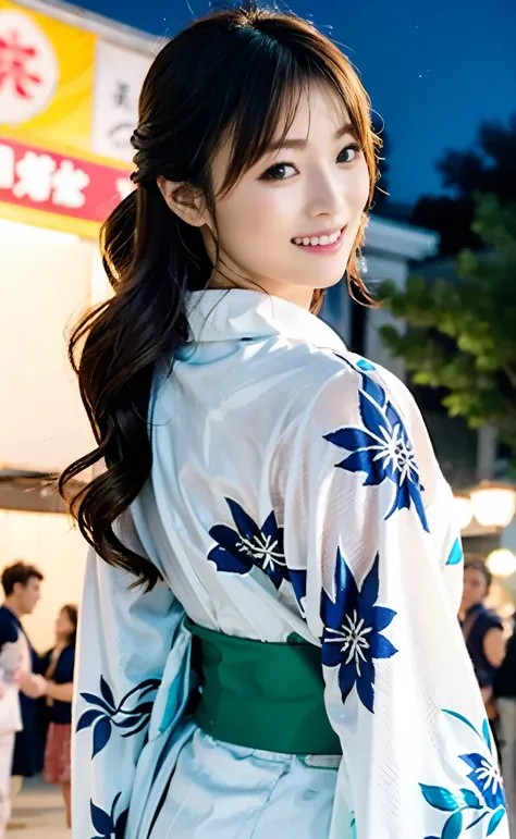  Carefully Depicting Limbs Based on Perfect Anatomy ,((( Woman Wearing a Formal Japanese Yukata Enjoying a Summer Nights Festival ))),Tasteful Gestures ,Elegant dressing,Fireworks rise in the distance and food stalls line up with warm colored lights , Beau...