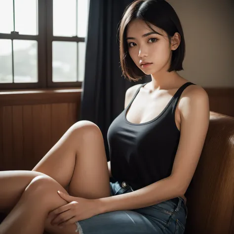 28 year old girl, Shoulder-length black hair, (Thin eyebrows), Portrait、 oversized black tank top that clearly shows the face,  denim shorts, barefoot, (Large Breasts), (( Im looking at this)), Symmetrical eyes, Looking at the camera,An oversized black tan...