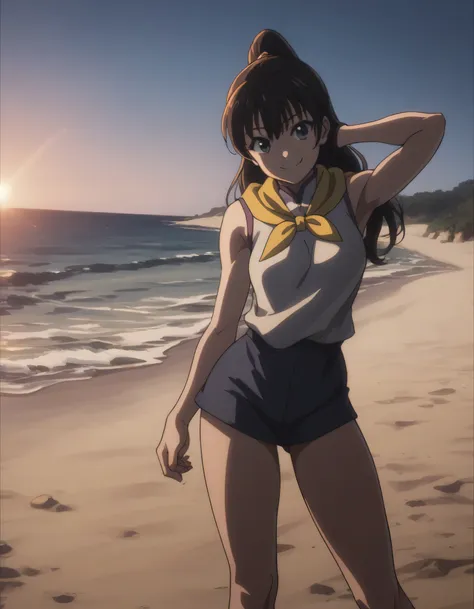 score_9, score_8_up, score_7_up, gsfghtr, neckerchief, 1girl, sweet smile, standing in beach, dim lighting, armpit