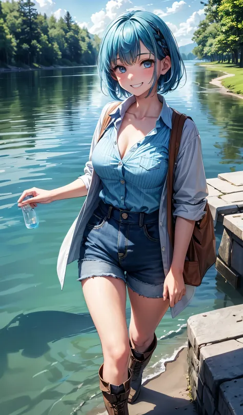 1girl, full body, solo, trees, sun, clouds, summer, water, lake, ((blue hair)), short hair, large breasts, button down shirt, ((military pattern shirt)), ((short sleeved shirt)), ((unbuttoned shirt)), unbuttoning buttons, ((cleavage)), blue eyes, shorts, r...