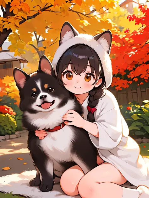 (Best Quality,4K,8k, High Resolution ,masterpiece:1.2),  very detailed, (Deformed, Realistic, Realistic:1.3)，One ，cute ，Very short，Laugh happily,  Brown Eyes , Fluffy, Black hair braids，White Dress，，That dog is bigger than the girl ......，This dog is an Akita....，犬はFluffy，Dog hugging a girl， Akita dogs have white panties stuffed in their mouths:1.8，Autumn rural house and garden background，