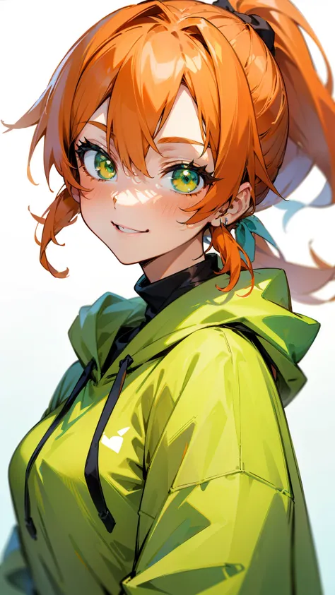 (best quality、masterpiece、every detail)  anime girls 、 orange hair、ponytail、green eyes、upper body close-up、smile、smile、wear a gr...