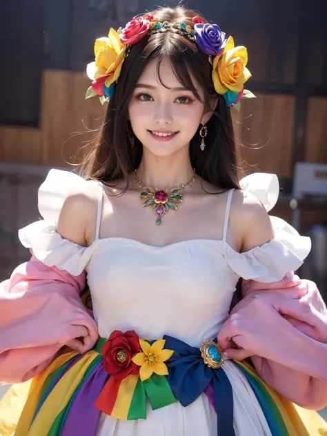 Best Quality　masterpiece　detailed　 super cute girl is smiling and wearing a rainbow rose brooch and hair ornament　A playful 　Photo style　 fantastic　 Dramatic Effects 　 Fantasy 