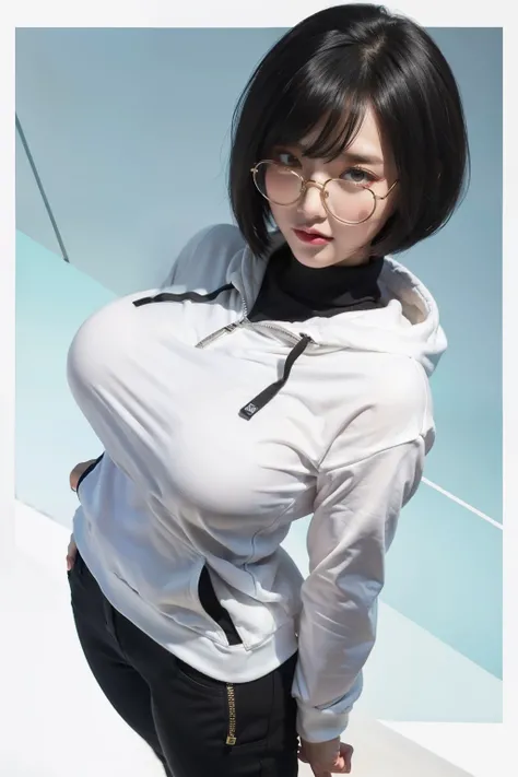 Cute girl, short black hair Bob  (Bob cut), black eyes, round glasses, white hoodie, big breasts, tight pants