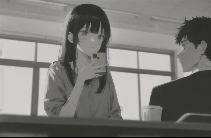 A girl in the cafeteria with her cell phone in her hand and a boy looking at her 