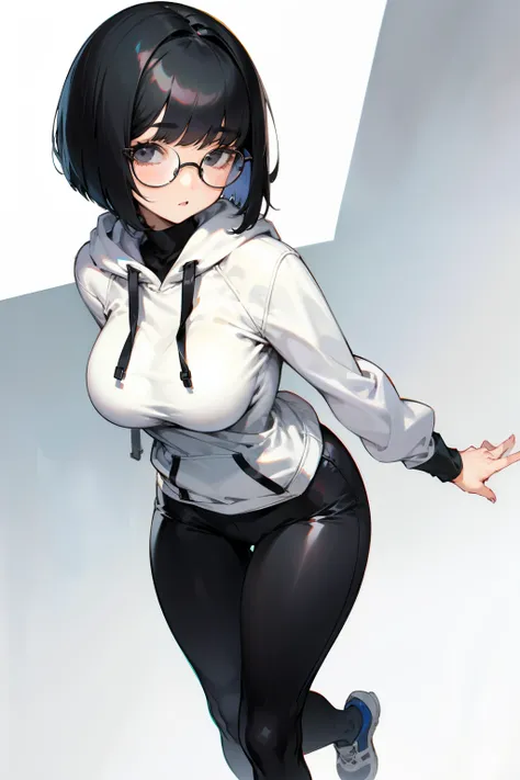 Cute girl, short black hair, bob hairstyle (Bob cut), black eyes, round glasses, white hoodie, big breasts, tight pants