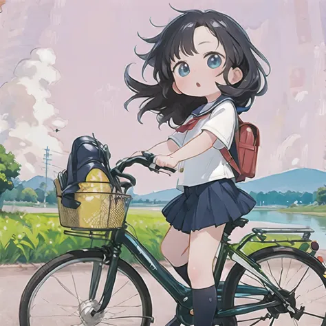 (masterpiece, ultra-high resolution，best quality:1.2), reality、 very short height ， by bicycle，alone、 female junior high school ...