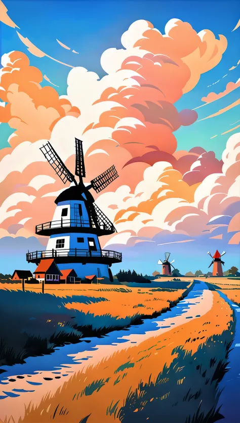 A windmill in a field where theres a simple house with a Volkswagen Beetle parked in front, its late, vibrant and saturated colors, the clouds are orange, calm and peaceful atmosphere, digital art style, anime, Studio Ghibli inspired, impressionism, realis...