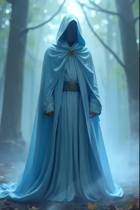 MAN WEARING A SKY BLUE WHITE WIZARD&#39;S CAPE FROM HEAD TO TOE 