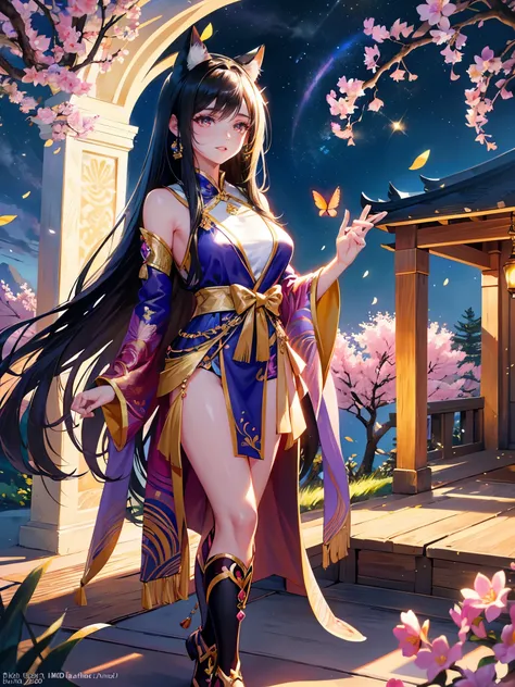 (highest quality, masterpiece, High resolution)、(anime art)、bright light、brown eyes、(Cat ear)、long hair、hair ornaments、choker、Cute face details、enchanting smile、small breasts、whole body、((sakura tropical background))、magenta gold silk Chinese kimono outfit...