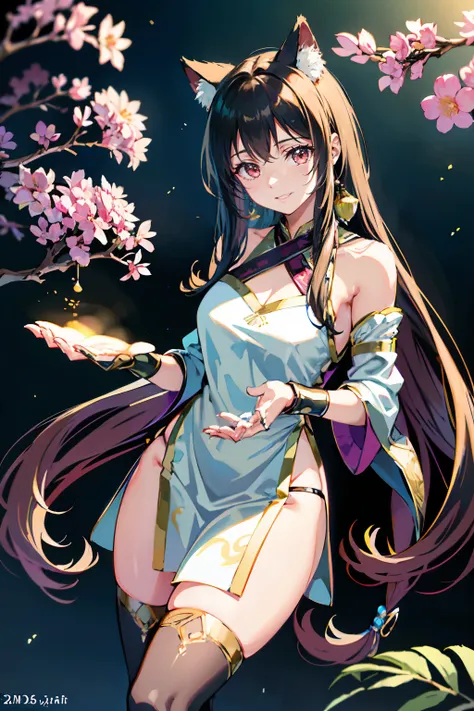 (highest quality, masterpiece, High resolution)、(anime art)、bright light、brown eyes、(Cat ear)、long hair、hair ornaments、choker、Cute face details、enchanting smile、small breasts、whole body、((sakura tropical background))、magenta gold silk Chinese kimono outfit...