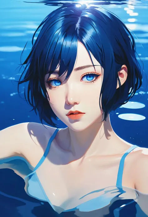 "anime-style portrait, Nagi Aoe, Shounen no Abyss, short trimmed blue hair, hime cut hairstyle, deep blue eyes, dramatic drowning pose, pure black background with subtle underwater light effects, water reflections, complementary blue highlights, calm yet d...