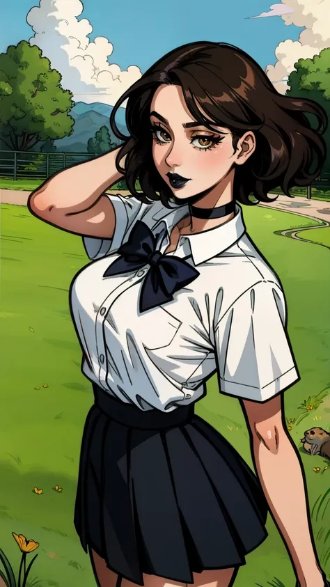 (masterpiece, best quality, ultra-detailed, intricate), view from front, cowboy shot, black hair, wavy hair, short hair, brown eyes, sexy, skinny figure, (black lipstick), lashes, eyeliner, black choker, school uniform, white shirt, black skirt, black tie,...