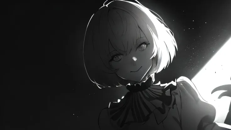 Character Design: Soft, glossy short hair with a cold smile, striking a confident pose as an unnamed clown. Dramatic lighting emphasizing strong contrast between light and shadow, showcasing natural shading. Background depicts a circus stage, with detailed...