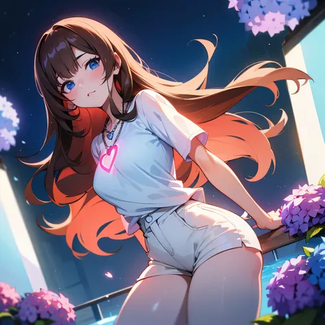 4K, June scenery, Pretty Woman, Long hair,  brown hair , Medium breasts, Blue Eyes,  white shirt, Hot Pants, Neon Red Heart Necklace,  and look at the audience, night, Colorful hydrangeas