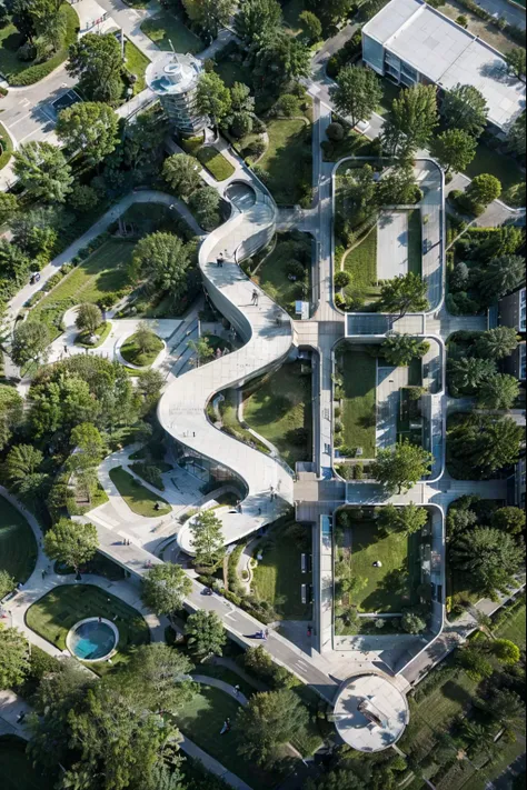 resort by zaha hadid, realistic, people on walkways, gardens, green areas, pools, people all around plaza, people walking, flawl...